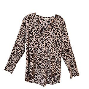 Kori America Blouse Womens L Brown Leopard Print Adjustable Sleeves Made in USA